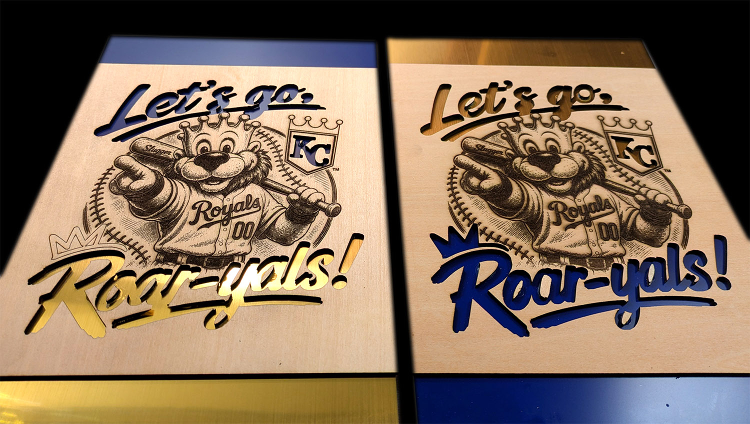 Blue and gold metallic acrylic layered over engraved Royals artwork