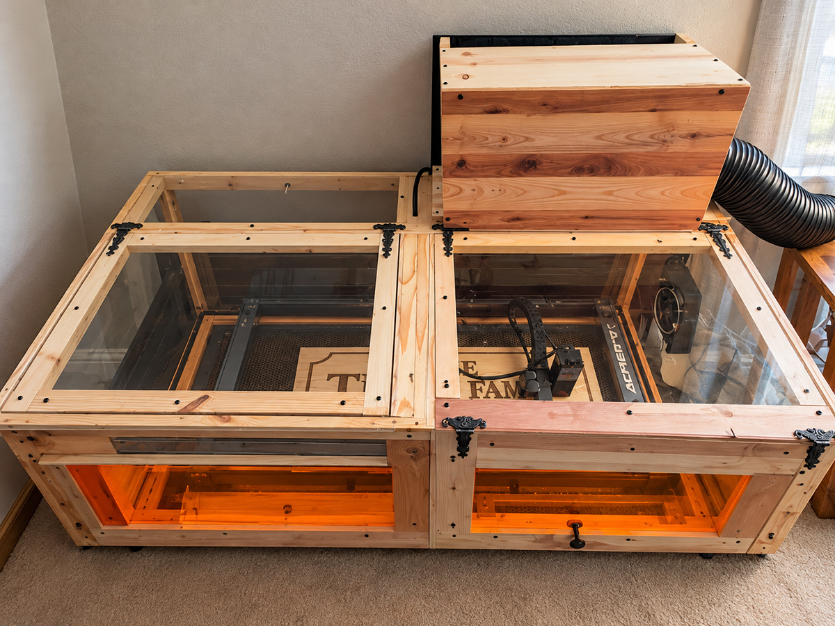 Custom wooden laser enclosure in the workshop