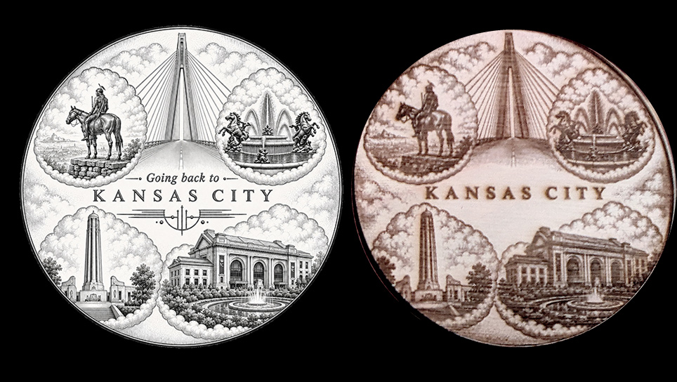 Kansas City coaster artwork beside the finished engraved coaster