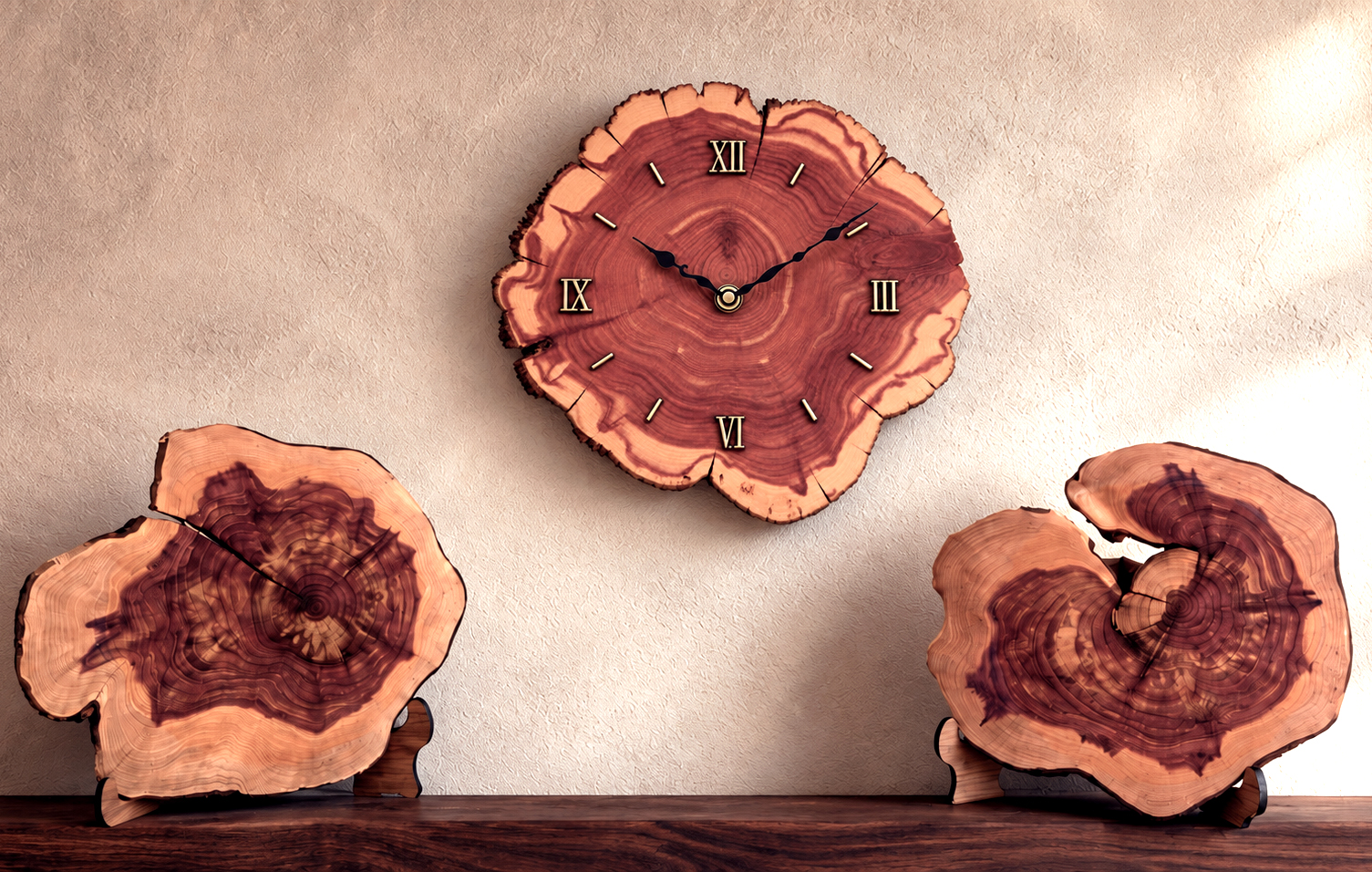 Live edge red cedar slab with rich red grain and a natural bark edge